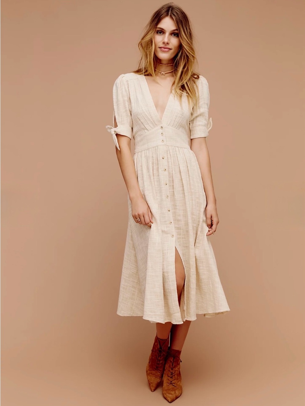 Free People Love Of My Life Midi Dress Beige Small